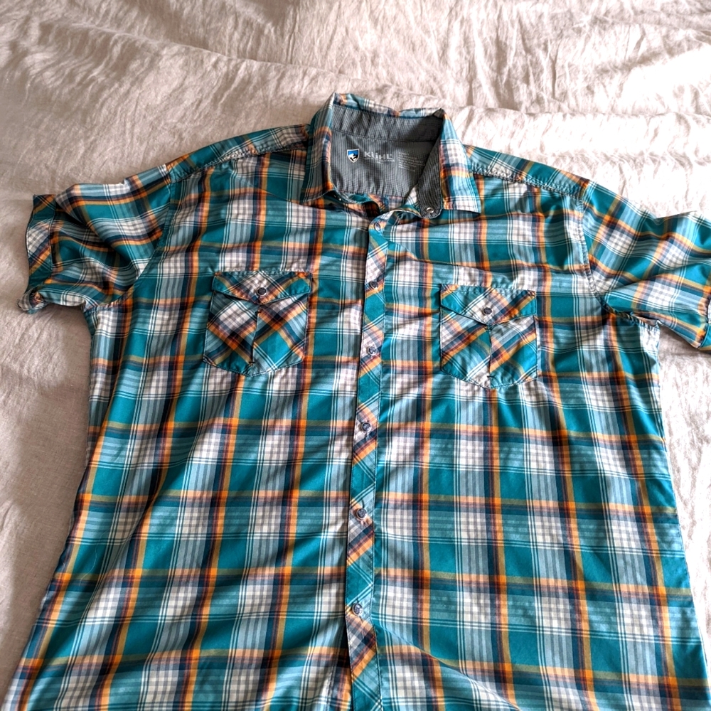 Khul, Eluxur, XXL, Green / Blue Plaid Short Sleeve Button down casual shirt